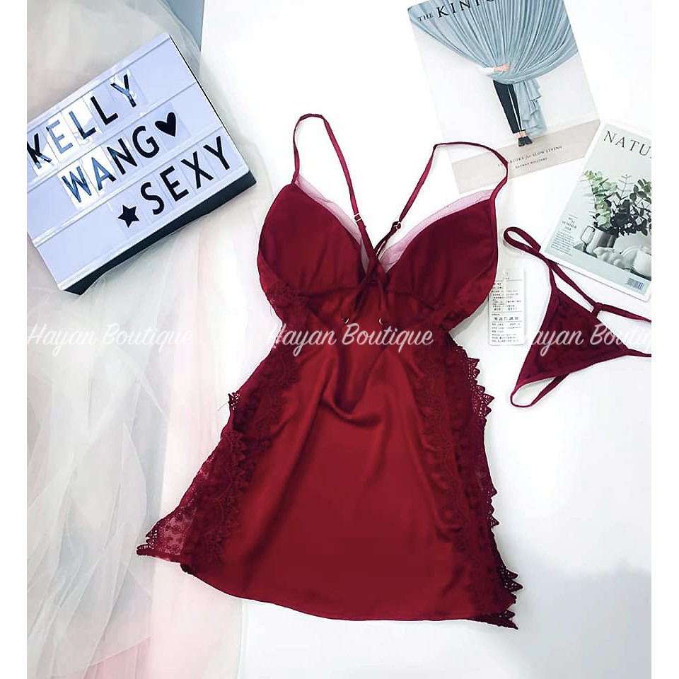 Váy ngủ sexy xẻ hông dây lưng đan chéo, đầm ngủ lụa quyến rũ QUẢNG CHÂU #HT24