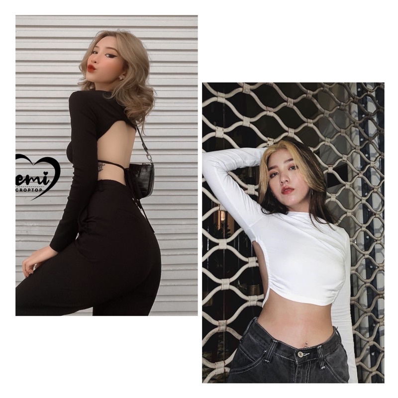 ÁO CROPTOP HỞ LƯNG THẮT DÂY TAY DÀI [GEMI SHOP]