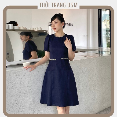 Đầm Xanh Than Tay Bo Cổ Tròn Độc Đáo Đủ Size 40kg-80kg | BigBuy360 - bigbuy360.vn