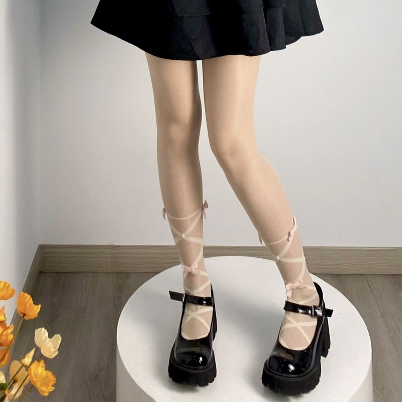 XIXI Quần Tất Nhung Mỏng Đính Nơ Và Ngọc Trai Phong Cách Lolita