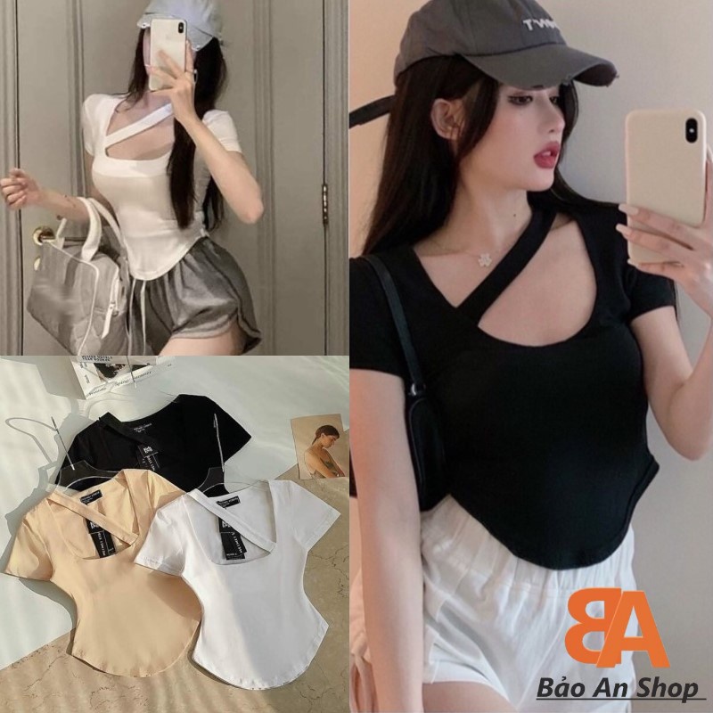 Áo thun kiểu phối dây chéo cổ . Áo thun dáng ôm ngắn tay co giãn AT24 - phamtrangredep shop