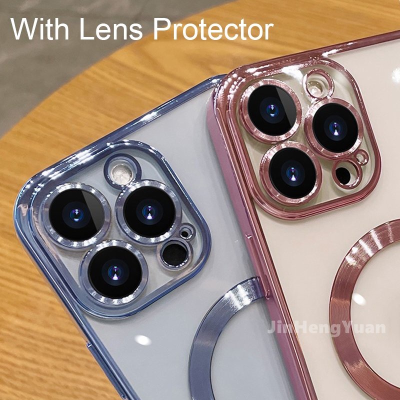 Ốp Điện Thoại Silicon Nam Châm Trong Suốt Mạ Viền Sang Trọng Bảo Vệ Ống Kính Máy Ảnh Cho IPhone 14 Plus 13 12 11 Pro Max Sự
