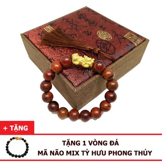 Vòng Tay Gỗ Sưa Đỏ 12ly Mix Tỳ Hưu Bạc Xi Vàng 18K (Size Nam)
