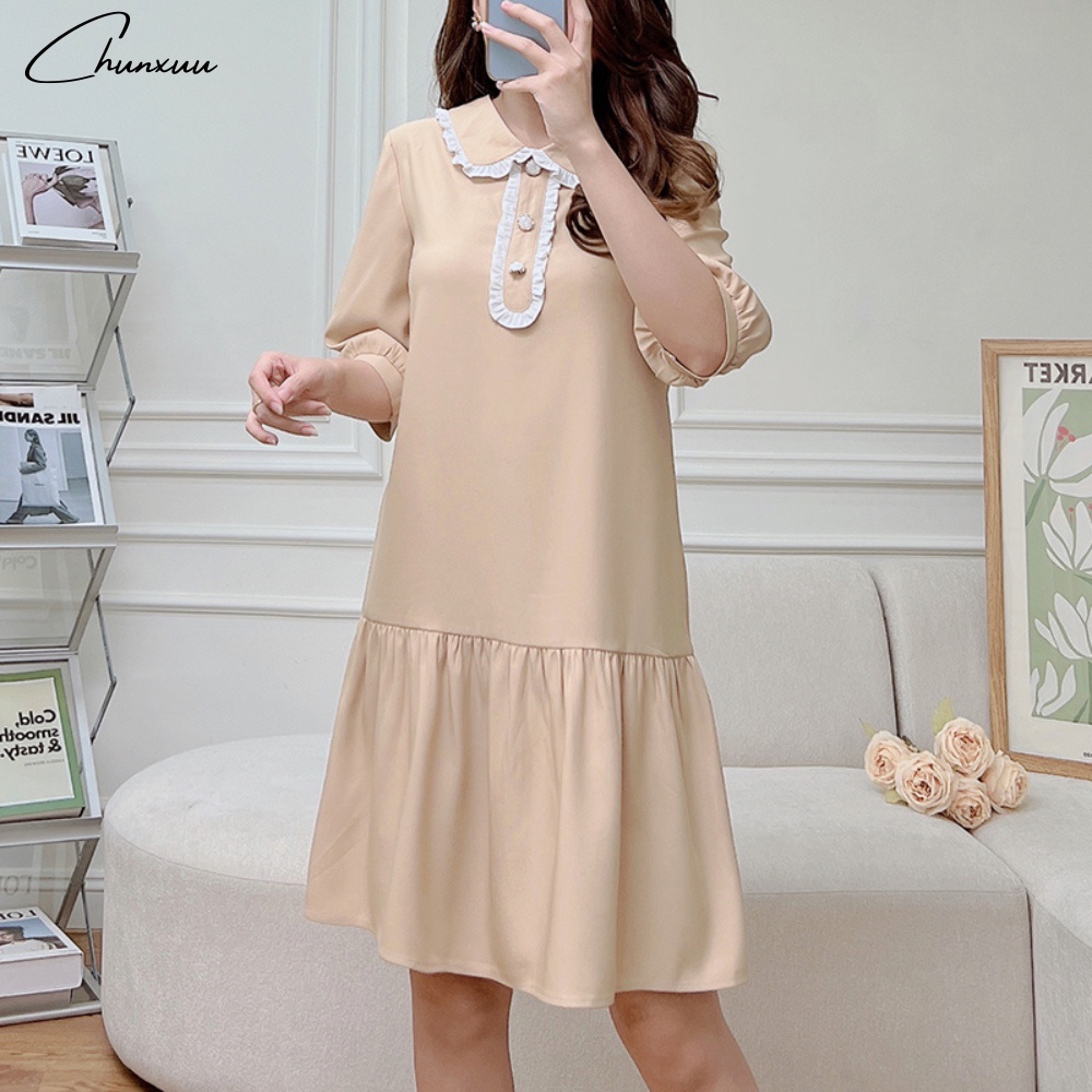 Váy nữ thiết kế dáng babydoll tay lỡ cổ phối viền thanh lịch vải tơ mềm mịn ChunXuu - V13