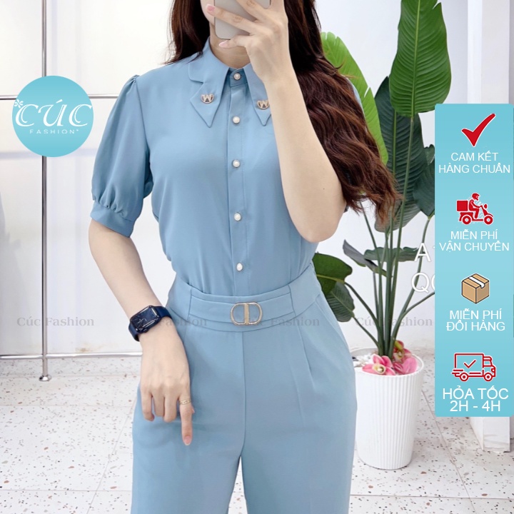 Áo sơ mi nữ CÚC FASHION somi tay ngắn cao cấp vải lụa đẹp kiểu công sở trắng nhiều màu cổ nơ tay bồng 6 cúc ngọc A1154