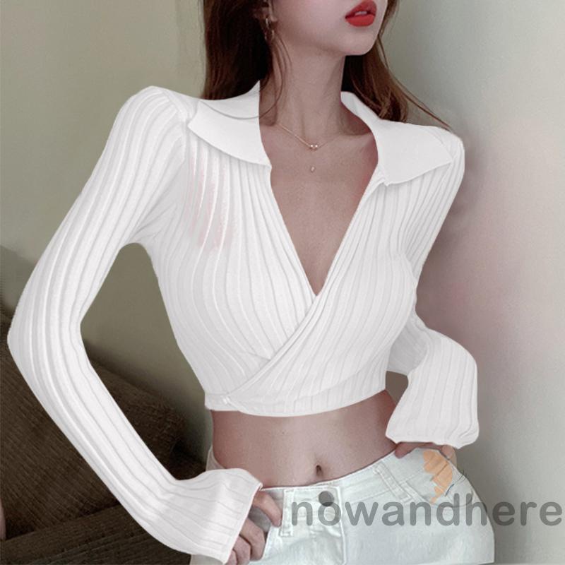 Áo Thun Nữ Cổ Bẻ Tay Dài Cột Dây Màu Trơn / Trắng / Mơ / Hồng Xinh Xắn