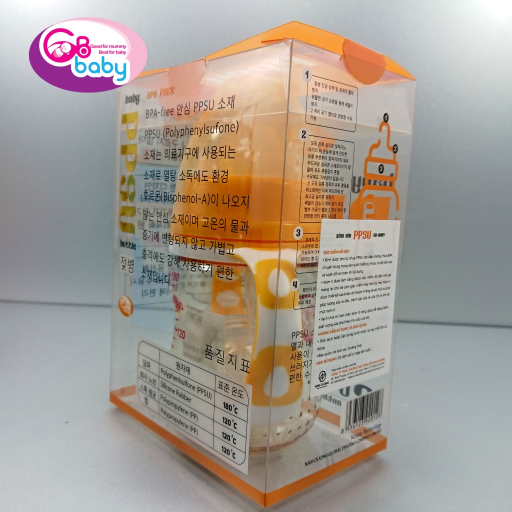 Bình sữa PPSU Gb-Baby Chính hãng tay cầm 240ml cổ rộng Tặng 1 núm và bộ quả lọc cho bé