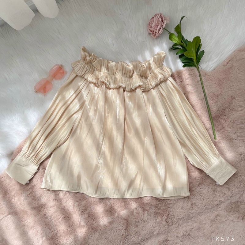 Áo nữ trễ vai tay dài phồng chất liệu orangza màu trắng xanh hồng vàng Np shop