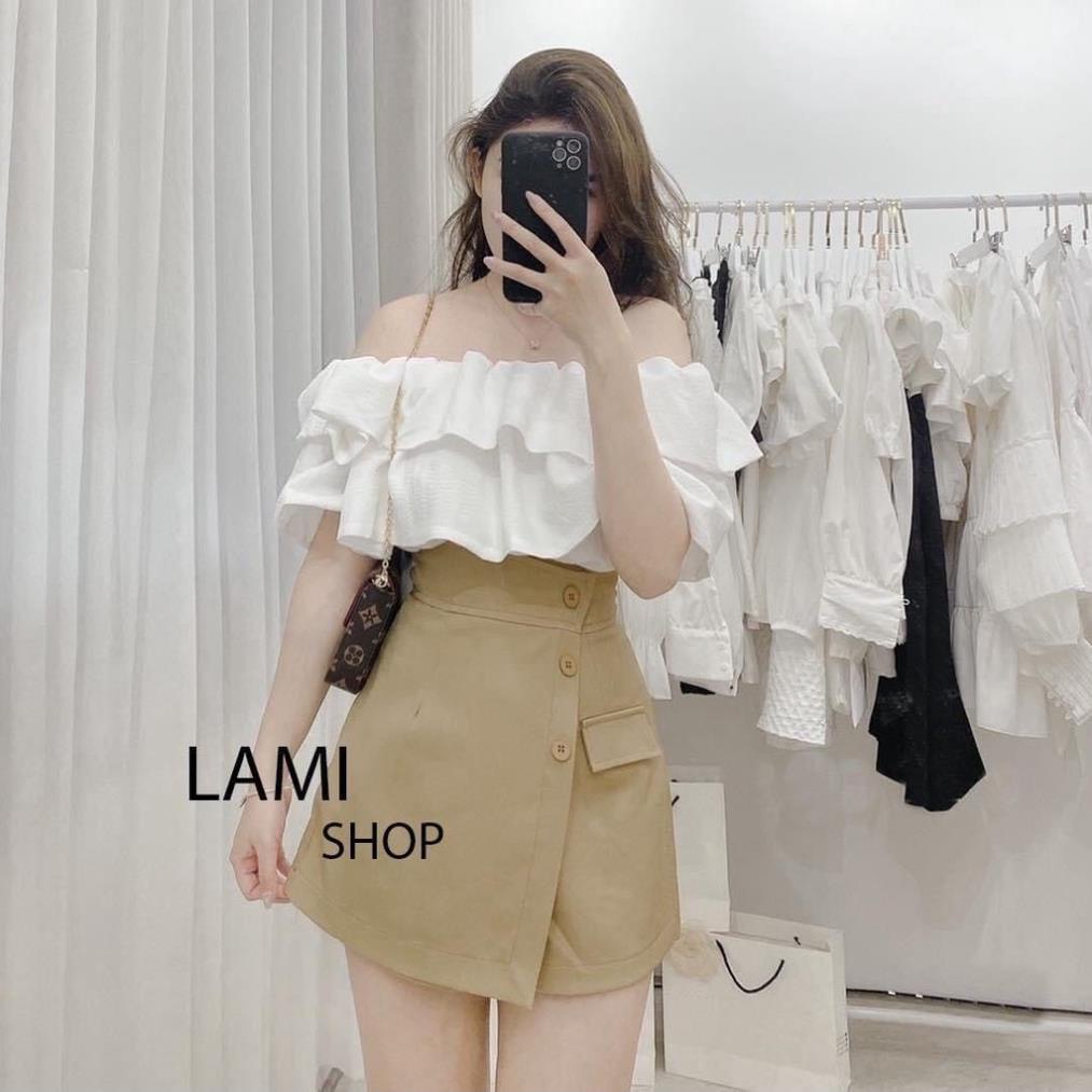 Áo croptop trễ vai 2 tầng cộc tay bồng bánh bèo, áo trắng trần xinh xắn Sara Imas