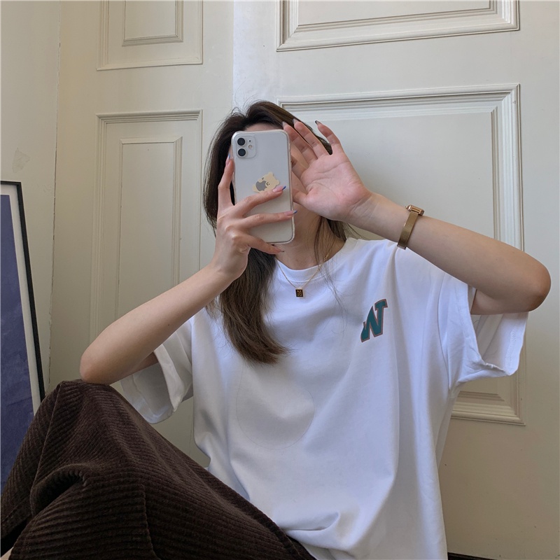 Áo thun SUXI cotton tay ngắn dáng rộng in chữ thời trang mùa hè cho nữ