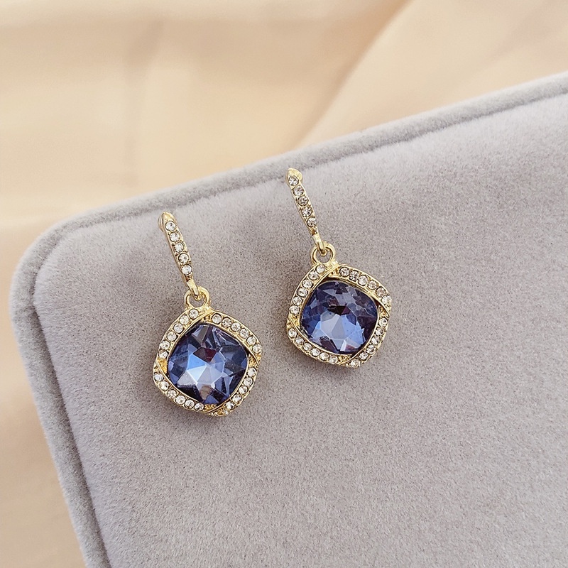 Bông Tai Hình Nơ Bằng Hợp Kim Đính Đá Xanh Dương Cỡ Lớn Thời Trang Cổ Điển