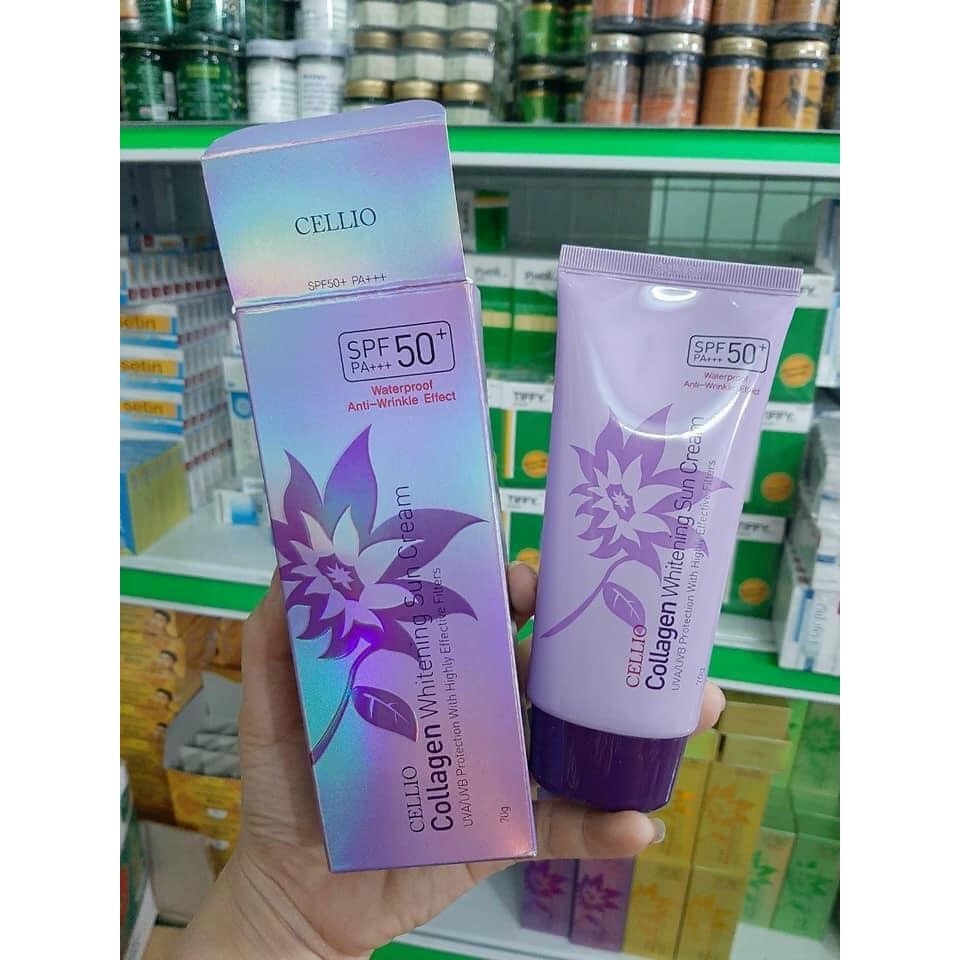 Kem chống nắng Cellio Collagen Whitening Sun Cream SPF50 PA+++ Tím - Bổ sung collagen