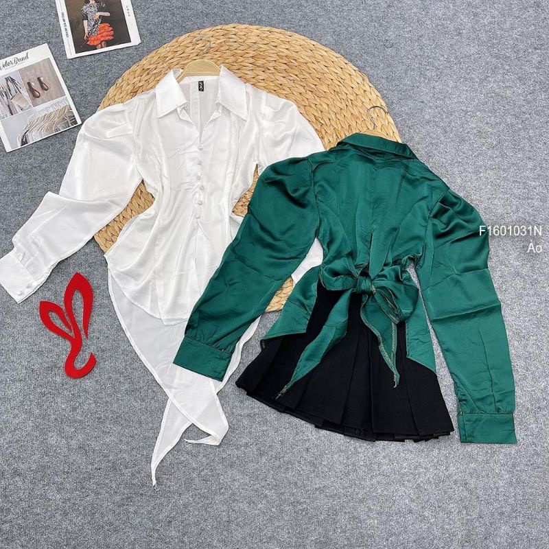 Áo sơ mi lụa khuy bọc xẻ tà trước cột nơ lưng tay dài gài nút siêu hot 1601