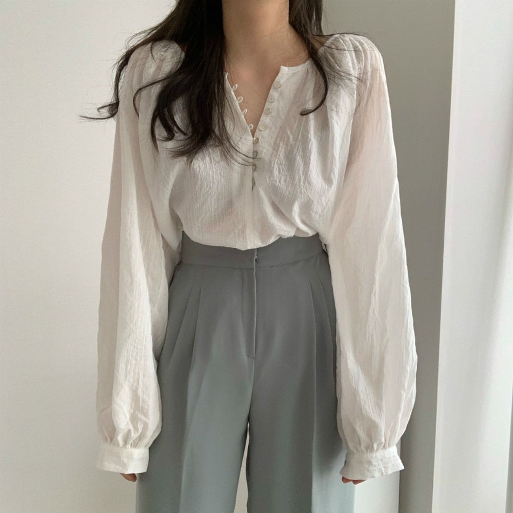 (ORDER) Áo sơ mi nữ dài tay cổ tròn cài khuy mỏng nhẹ thanh lịch vintage Hàn Quốc nhẹ nhàng (MẪU _MỚI_2020)