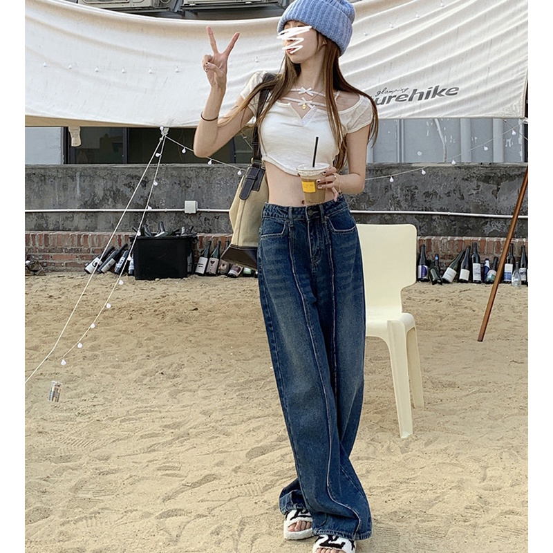 Quần denim dài ống rộng thời trang cho nữ