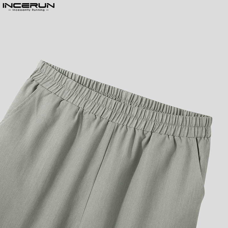 Set đồ INCERUN gồm áo sơ mi ngắn tay và quần baggy dài màu trơn thời trang cho nam