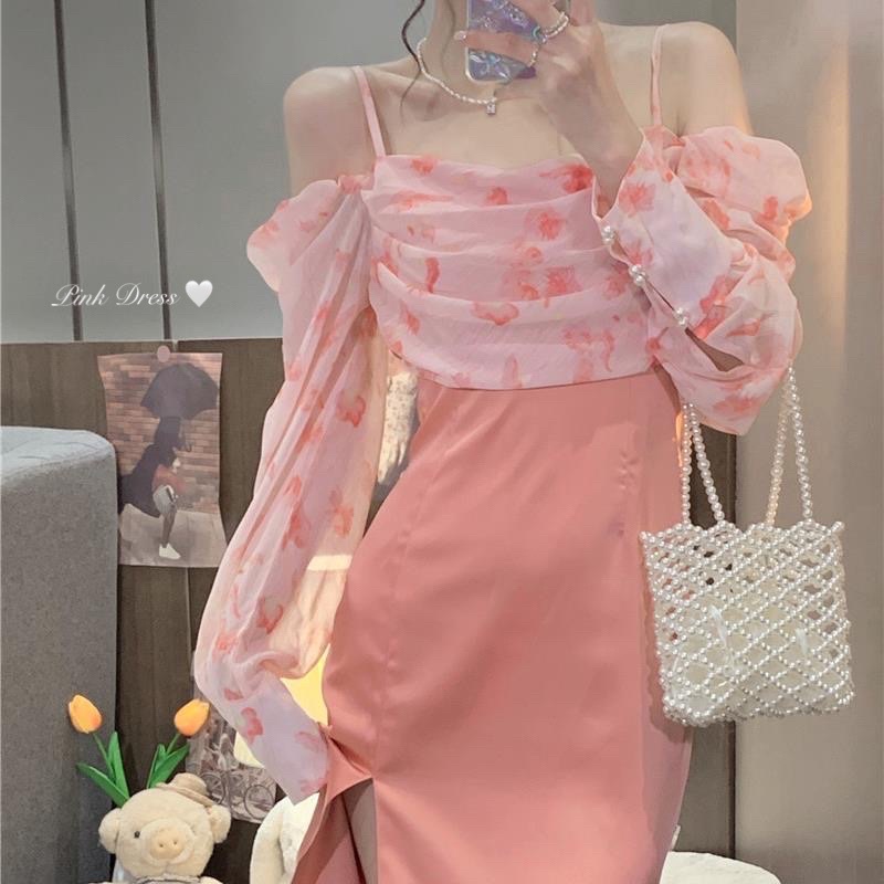 Đầm liền thân hoa hồng trễ vai chân váy xẻ tà quyến rũ 🌸