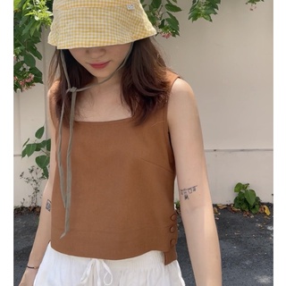 Amegon áo linen không tay xẻ tà cài nút vạt lệch annie top
