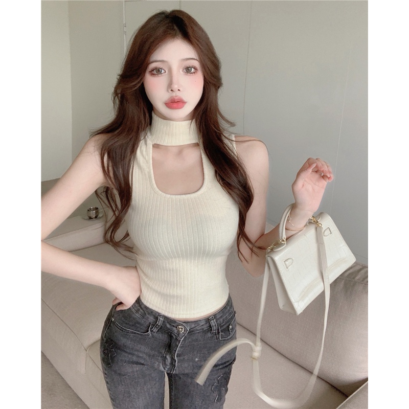 QADCOL Áo Sát Nách Dệt Kim Cổ Lọ Thiết Kế Quyến Rũ Cho Nữ