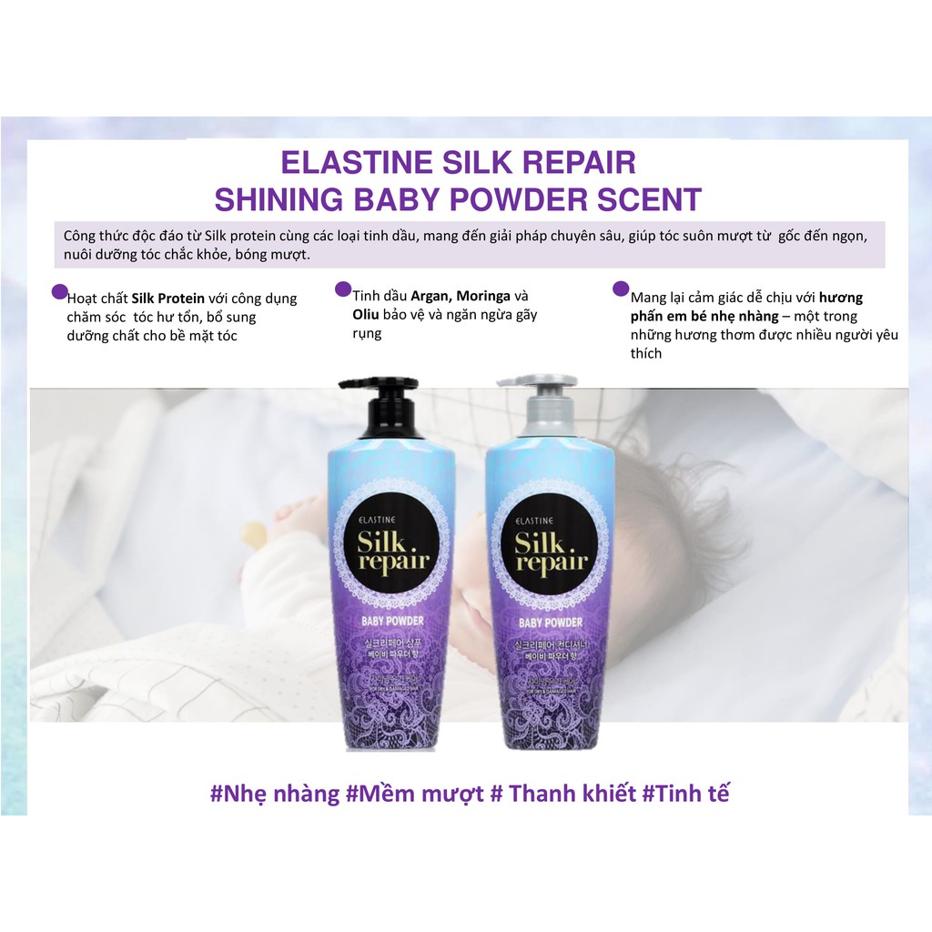 [Mua 10 tặng 2] 12 gói dầu gội chăm sóc và nuôi dưỡng tóc Elastine Silk Repair - hương Phấn em bé - gói 6ml | BigBuy360 - bigbuy360.vn