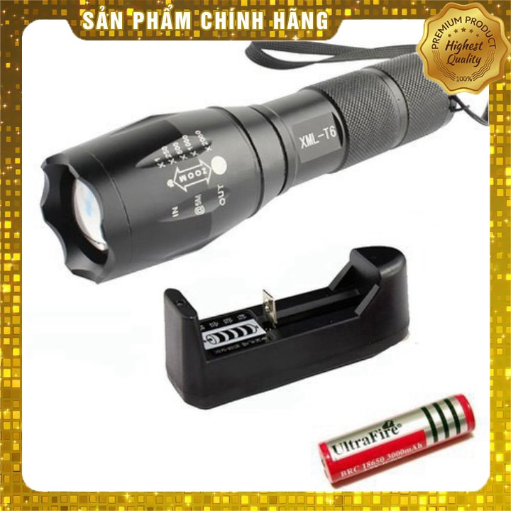 [HÀNG CHÍNH HÃNG] Đèn Pin Siêu Sáng Cầm Tay Ultrafire XML-T6 (Đen) + Pin sạc 18650 + Bộ Sạc Pin