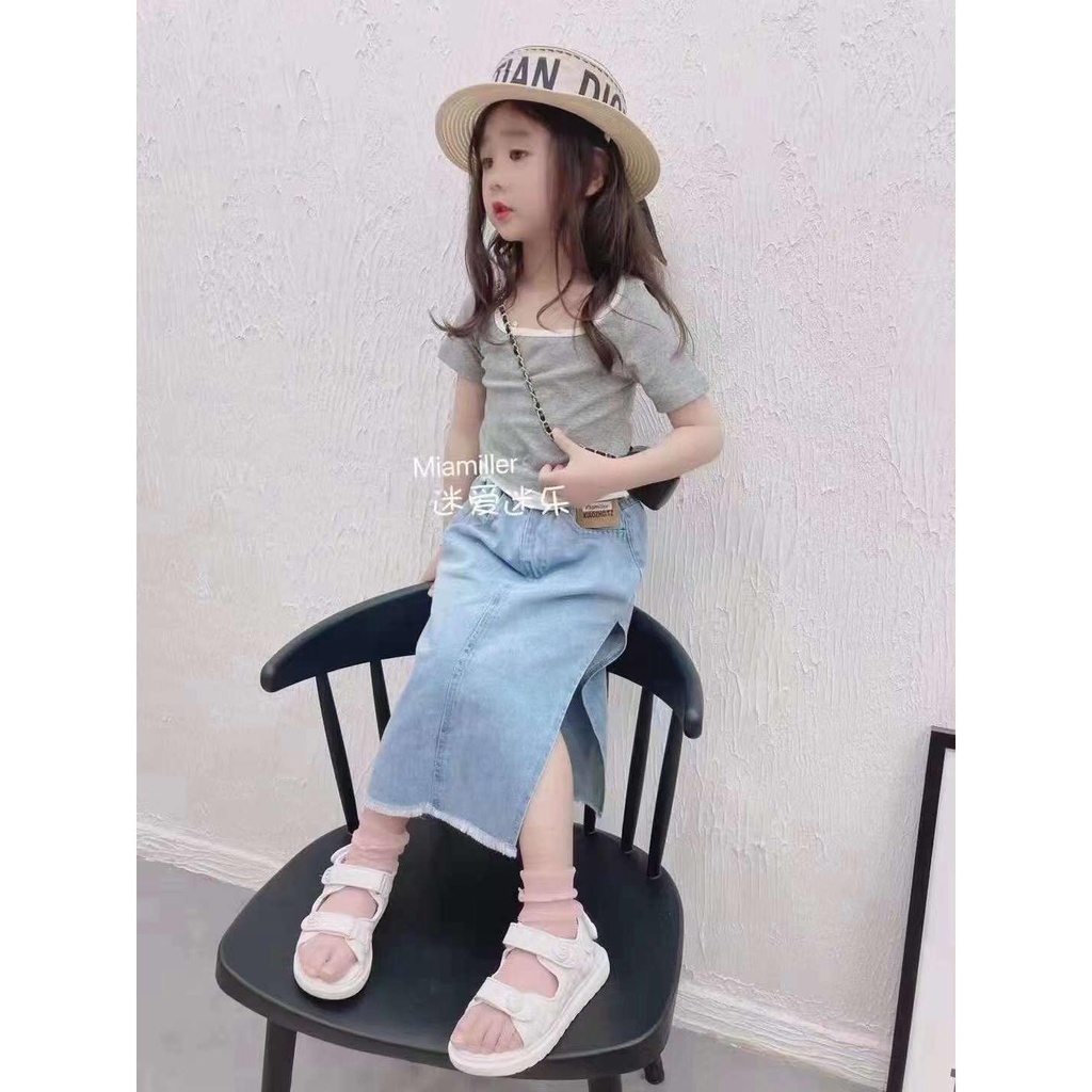 Đầm Denim Ngắn Tay Eo Cao Thời Trang Mùa Hè Cho Bé Gái