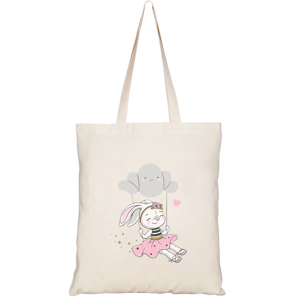 Túi vải tote canvas HTFashion in hình Thỏ chơi xích đu HT284