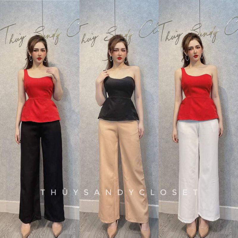 Set quần suông + áo lệch vai peplum