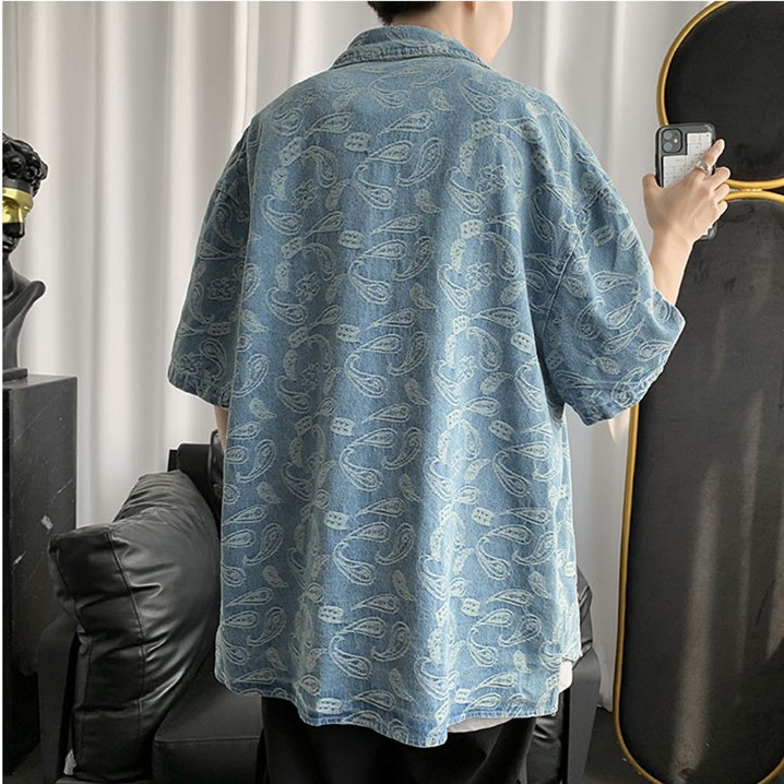 Áo Sơ Mi Denim Ngắn Tay Dáng Rộng In Họa Tiết Cá Tính Dành Cho Sơ Mi Nam Cotton ÁO Sơ Mi Nam Phong CáCh ÁO Sơ Mi Unisex Big Size