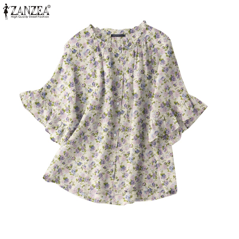 Zanzea Áo Kiểu Tay Lửng Cổ Tròn Phối Bèo In Họa Tiết Vintage Thời Trang Cho Nữ