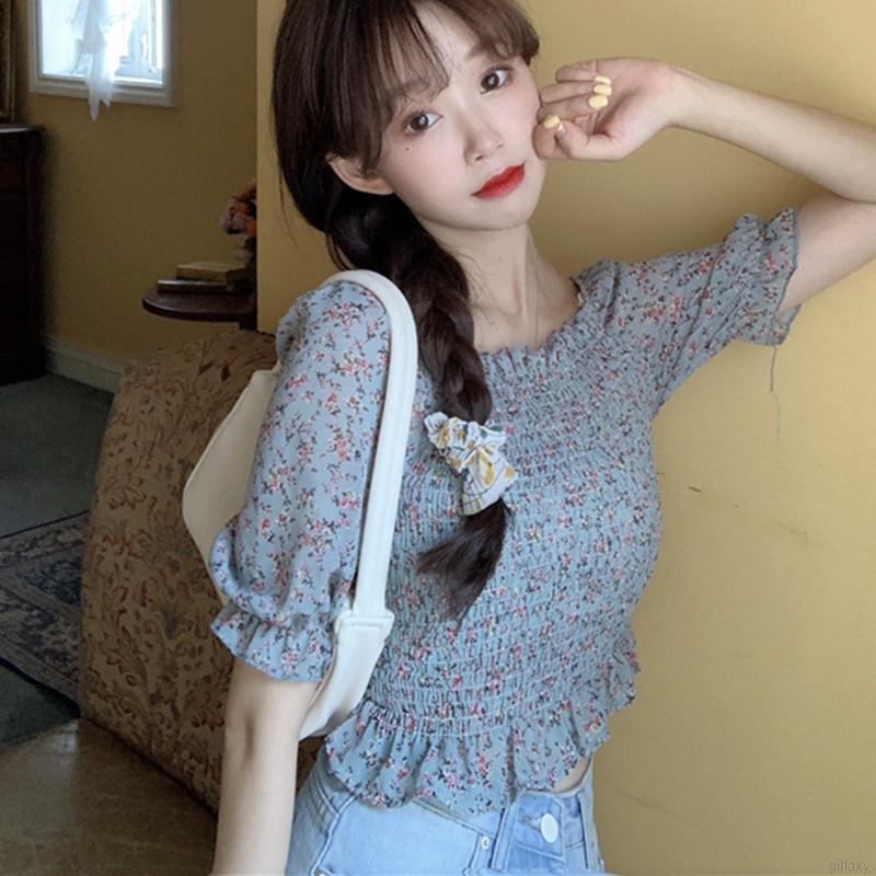Áo chiffon nữ tay ngắn cổ vuông in hoa phong cách Hàn Quốc xinh xắn