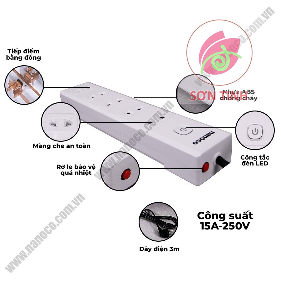 Ổ cắm có dây nối dài, 5 ổ cắm 2 chấu và 1 công tắc Nanoco NES5215-3