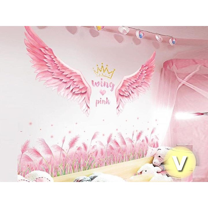 [KÈM ẢNH THẬT] Decal dán tường Combo đôi cánh+chân tường cỏ lau hồng
