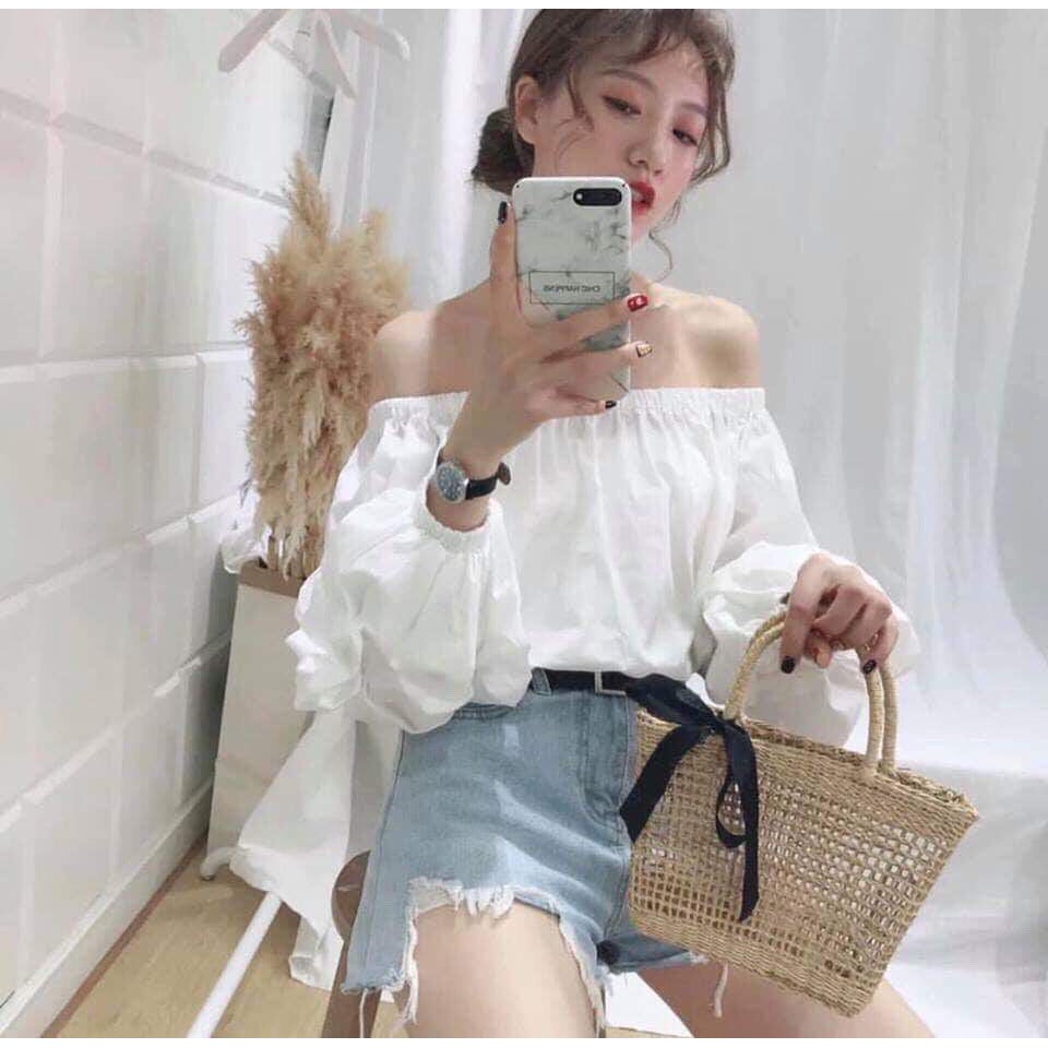 [Mã FAMAYWA2 giảm 10K đơn 50K] áo croptop tay dài trễ vai đẹp - áo croptop ôm tay phồng đi biển crt màu trắng màu đen