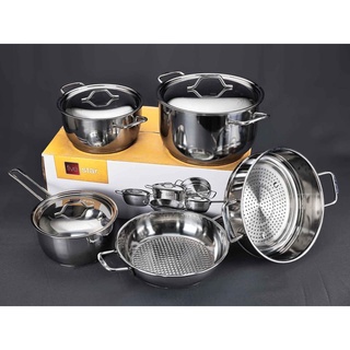 Bộ Nồi Xửng Quánh Chảo 3 đáy Inox 430 Fivestar 5 món Nắp Inox đun được trên bếp điện từ