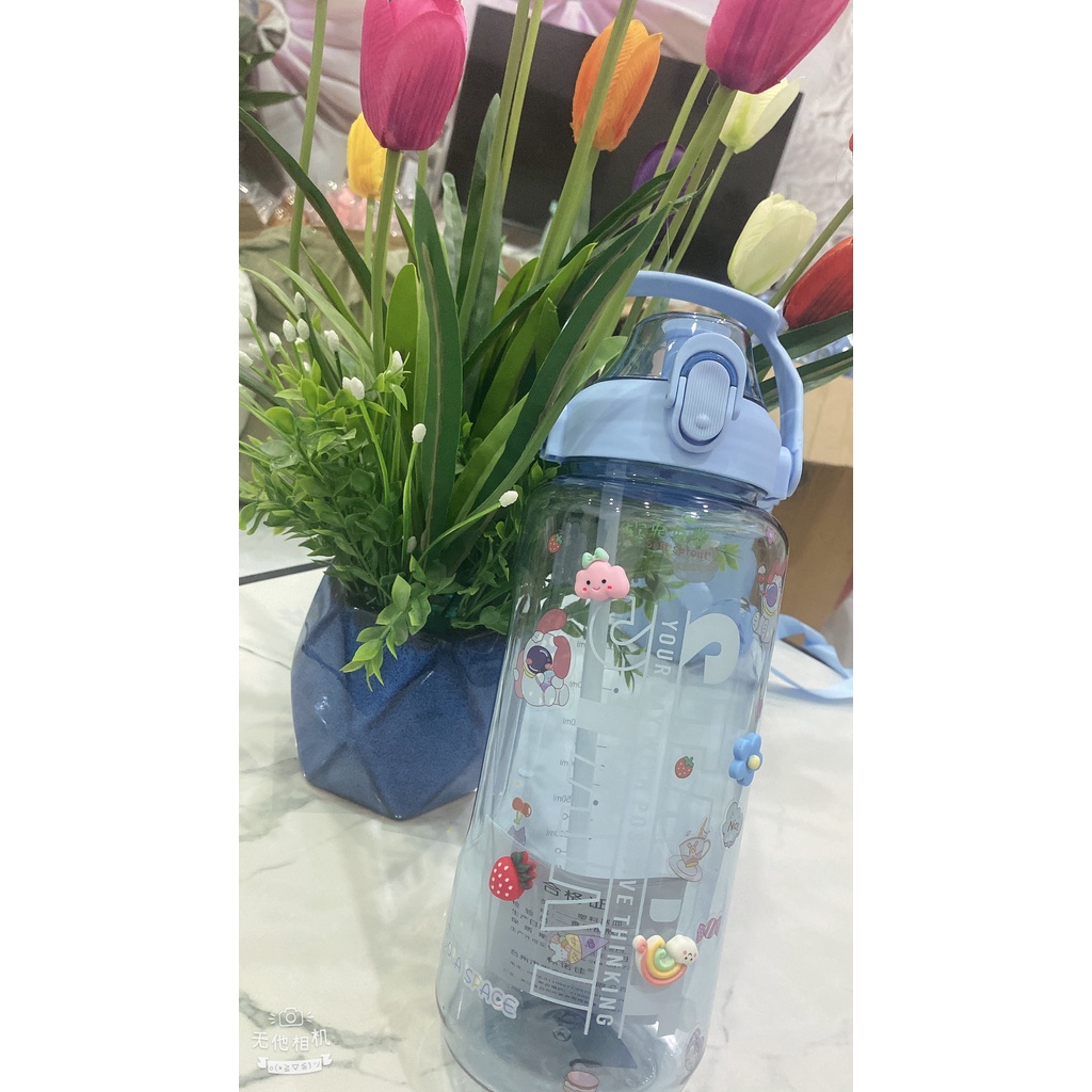 Bình Nước Trong Suốt 2000ML Siêu Xinh Bình Đựng Nước Có Vạch Báo Giờ Uống Nước Kèm Ống Hút Thiết Kế Chống Tràn