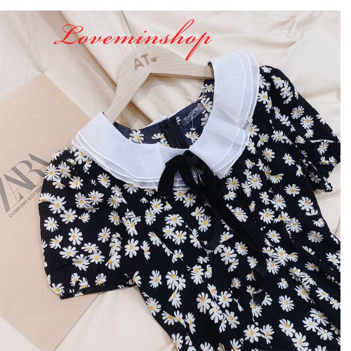 Váy đầm hoa cúc tiểu thư cổ ren tay ngắn dáng dài xòe,váy thiết kế Hotrend phong cách Hàn Quốc Freesize LOVEMIN-M18 | BigBuy360 - bigbuy360.vn