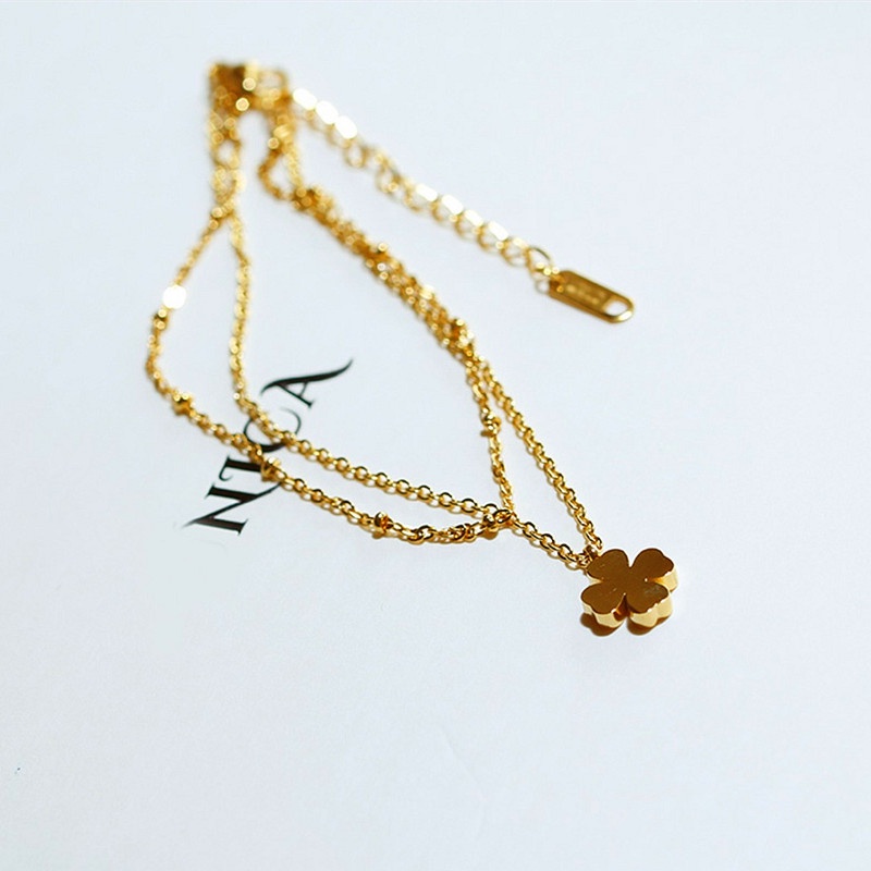 Lắc chân nữ chất liệu titan không gỉ thiết kế 2 tầng cỏ 4 lá xinh xắn phong cách hàn quốc