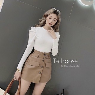 Chân váy da cạp cao kèm đai lưng thun co giãn