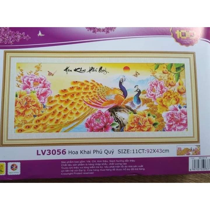 Tranh thêu chữ thập hoa khai phú quý KT:92x43cm, tranh chưa thêu và chưa khung,tặng kéo và sỏ chỉ.