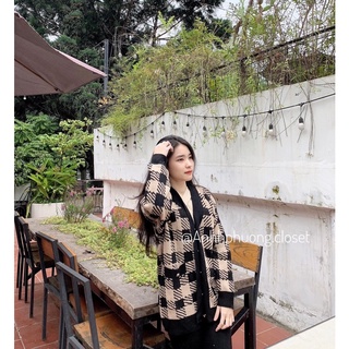 Áo khoác len Cardigan kẻ ô viền kẻ sọc phong cách Hàn
