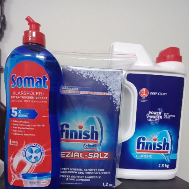 Bộ sản phẩm bột Finish 2.5kg +hộp muối làm mềm nước  Finish 1,2kg + chai nước làm bóng  somat