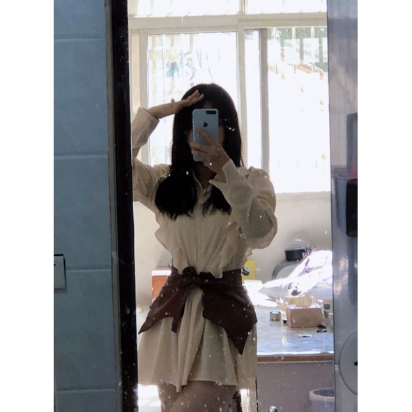 Váy sơ mi màu be phối đai da nâu kèm Ảnh thật