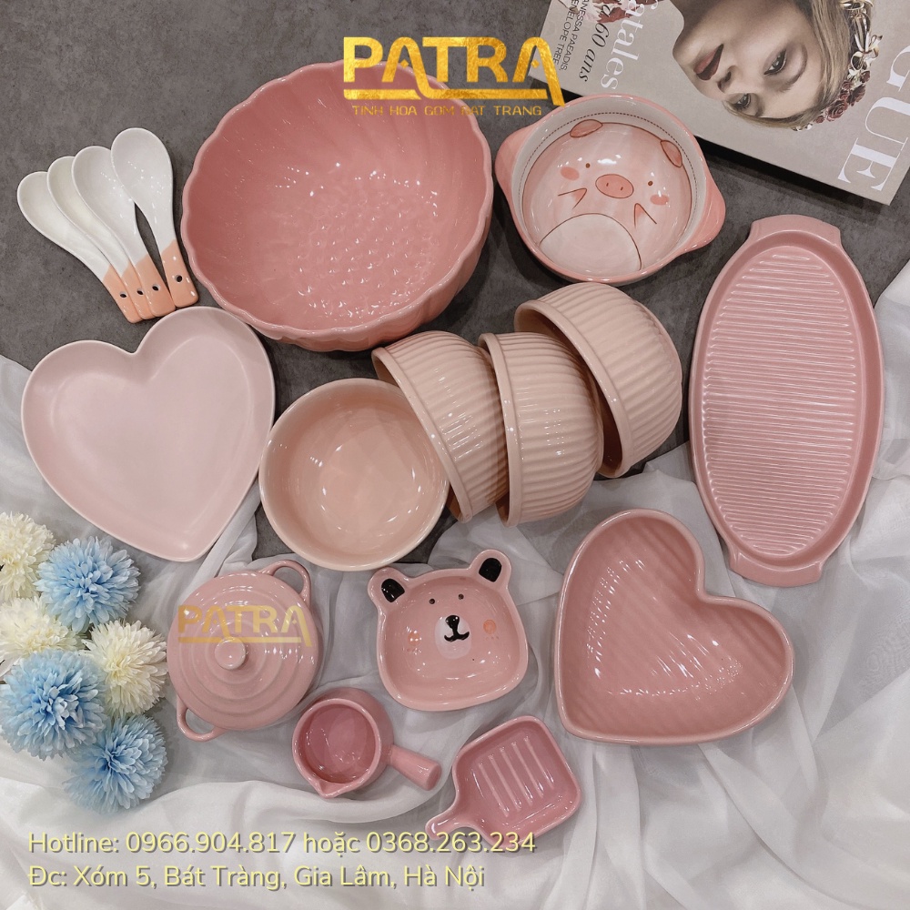 Bát ăn cơm, bộ bát đĩa decor, chén dĩa sứ màu hồng dễ thương cute cao cấp