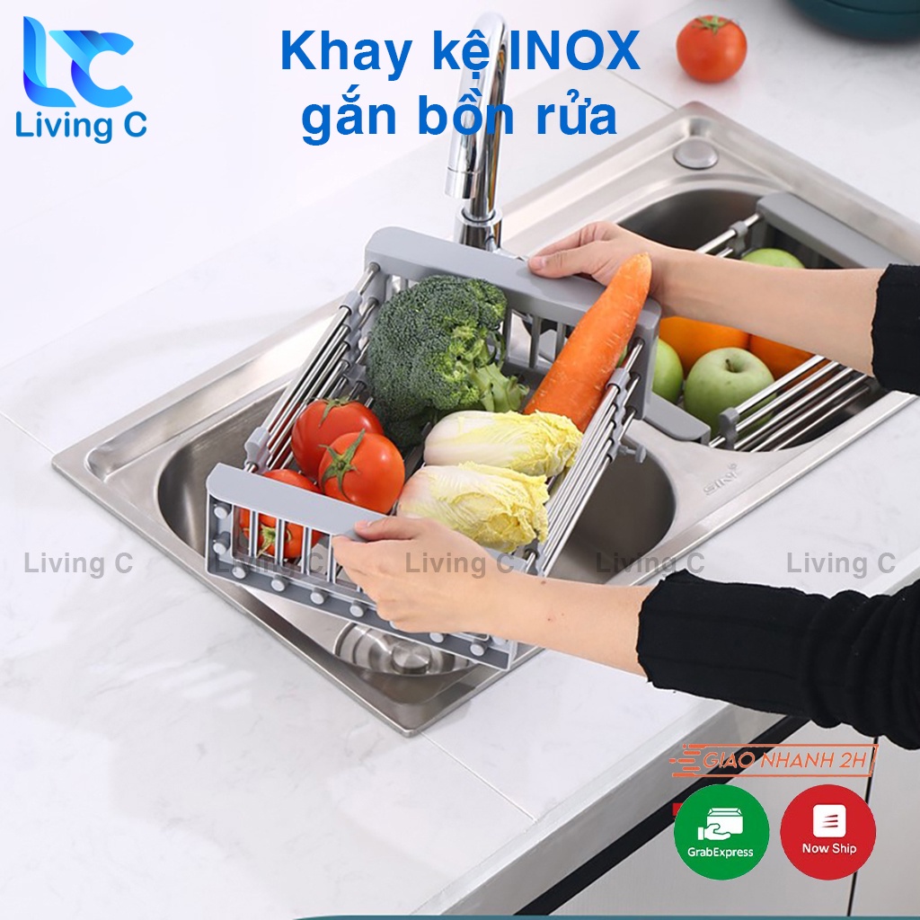 Khay kệ rổ để bồn rửa chén Living C, rổ co giãn bằng inox gác bồn rửa chén đa năng _ROKE