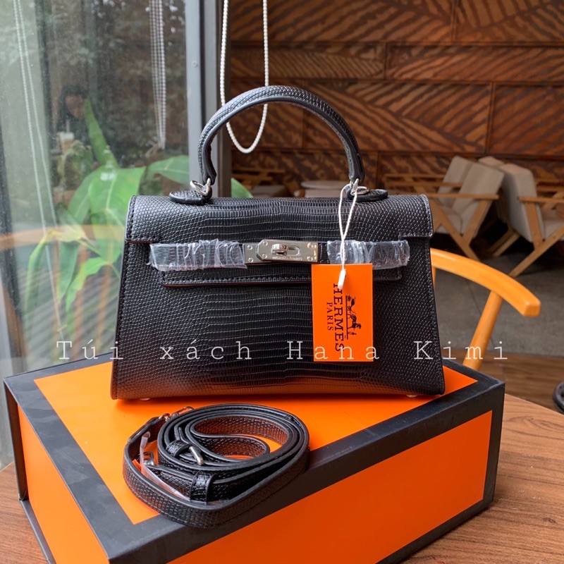 Túi Kelly dáng thấp size 22 vân da kì nhông