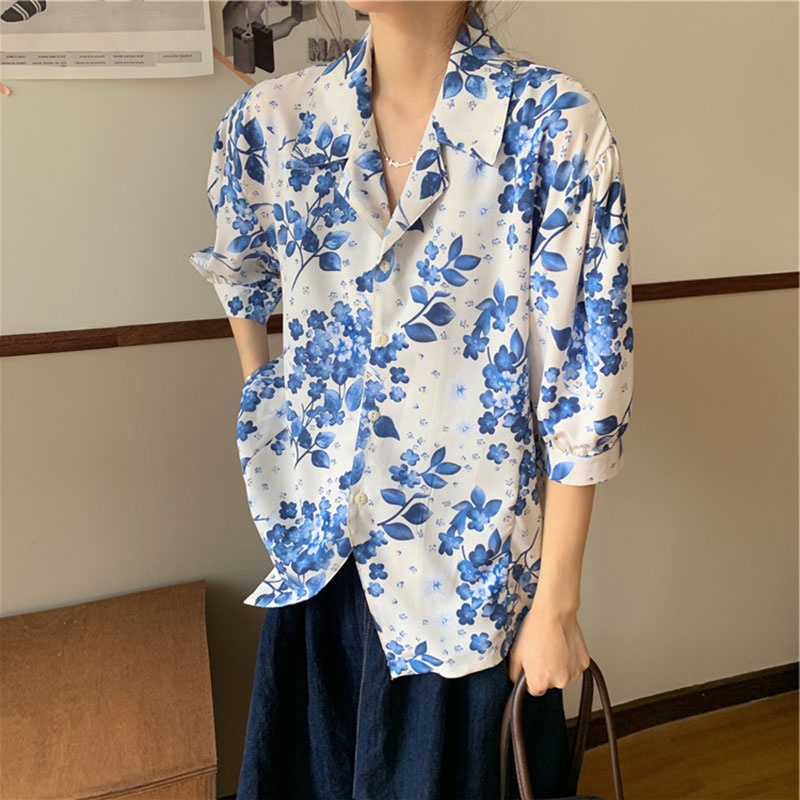 Hong Kong style floral bubble short-sleeved shirt women's summer loose thin design western style retro jacket