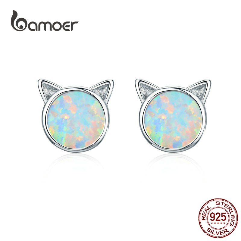 Bông Tai Bamoer Mạ Vàng Hồng Phối Tai Mèo Đính Đá Opal Nhỏ Nhắn Sang Trọng Cho Nữ