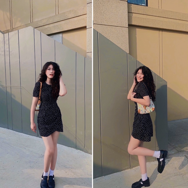 Đầm chấm bi ôm A, vạt giao tay bồng nhẹ- Dottie dress