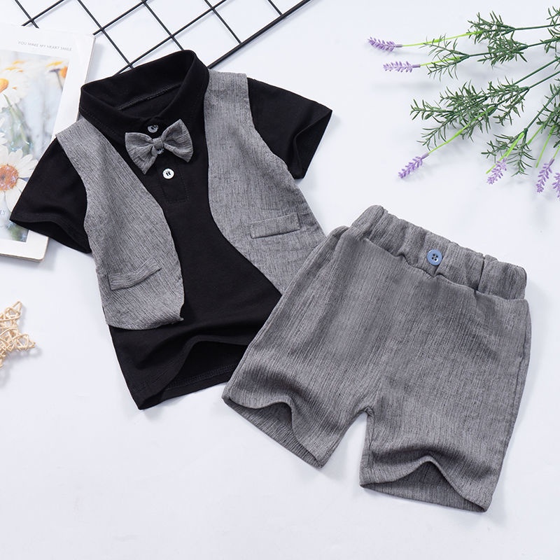 Bộ áo sơ mi cotton tay ngắn giả hai lớp + quần đùi Santikun phong cách Hàn Quốc thời trang mùa hè cho bé trai